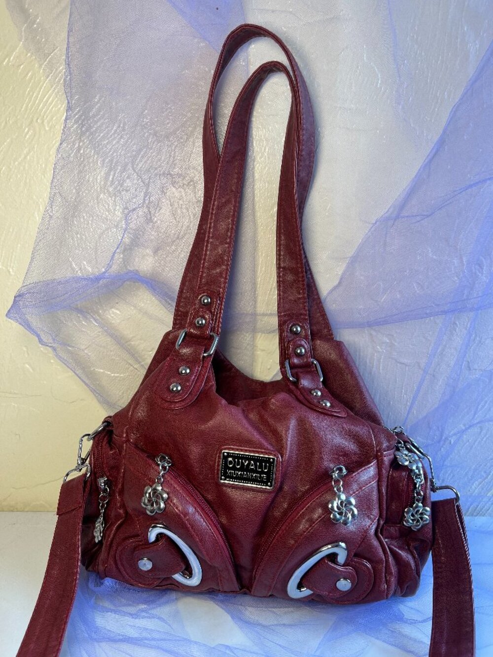 Y2K-Inspired Edgy Burgundy Motorcycle Utility Shoulder Bag With Cross-Body Strap